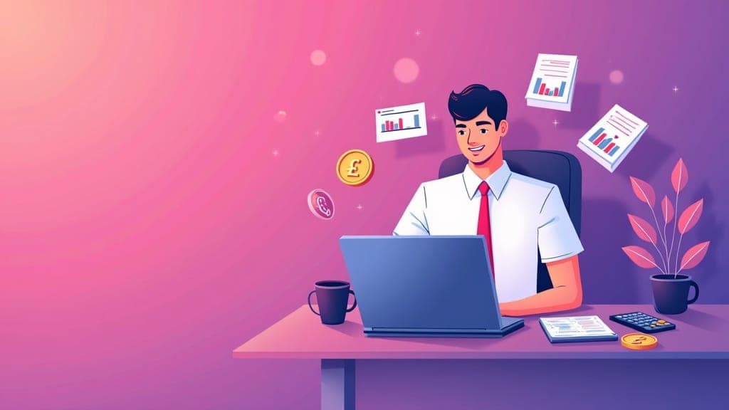 Accountant at desk reviewing client website on laptop